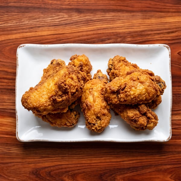 Crispy fried chicken wings on a white rectangular plate, centered on a rich wooden table.