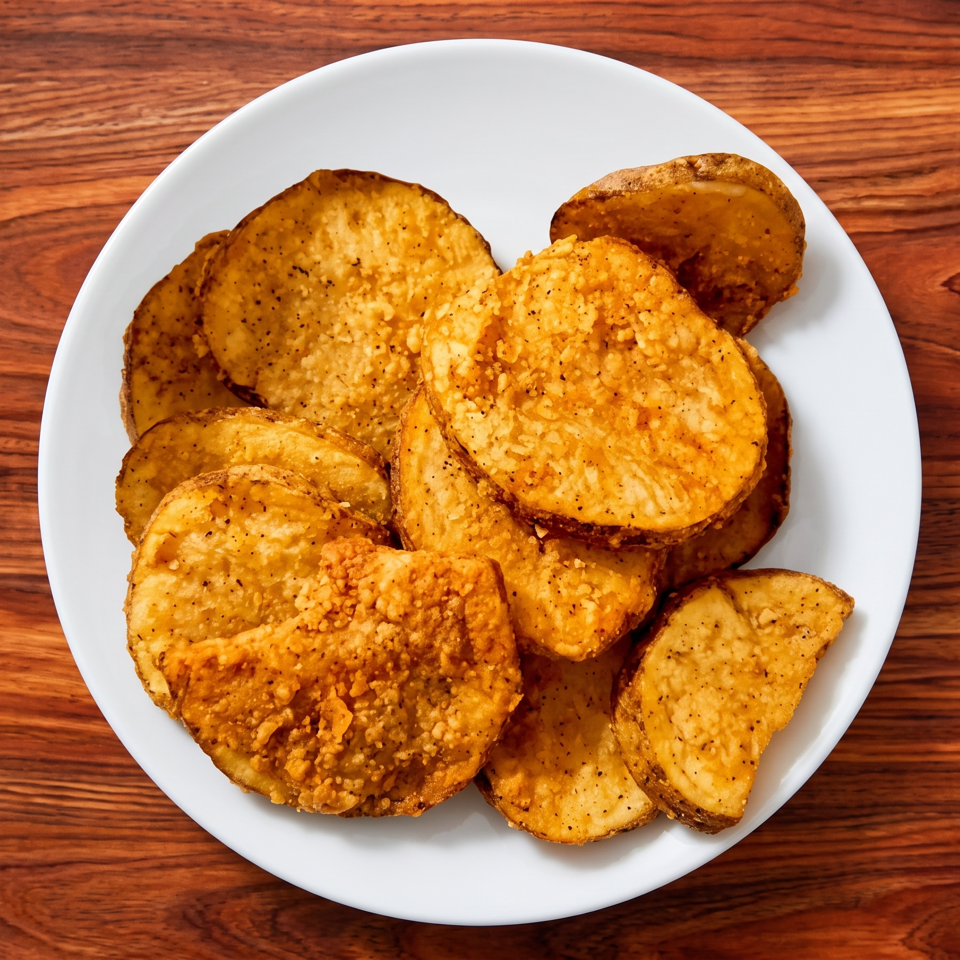 A white plate filled with golden-brown, seasoned potato wedges on a dark wooden table.